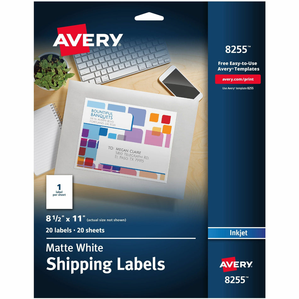 Avery®  White Shipping Labels, 8-1/2" x 11" , 20 Labels (8255) - 8 1/2" Width x 11" Length - Permanent Adhesive - Inkjet - Matte - White - Paper - Permanent Adhesive, Customizable - 1 / Sheet - 20 Total Sheets - 20 Total Label(s) - 20 / Pack