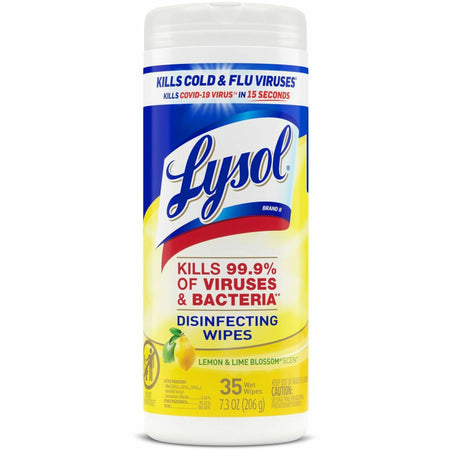 Lysol Lemon/Lime Disinfect Wipes - For Kitchen, Toilet, Sink, Tub, Floor, Cabinet, Stove Top, Wood - Lemon & Lime Blossom Scent - 7" Length x 7.25" Width - Pre-moistened, Anti-bacterial, Disinfectant - White - 35/Tub - 1 Each