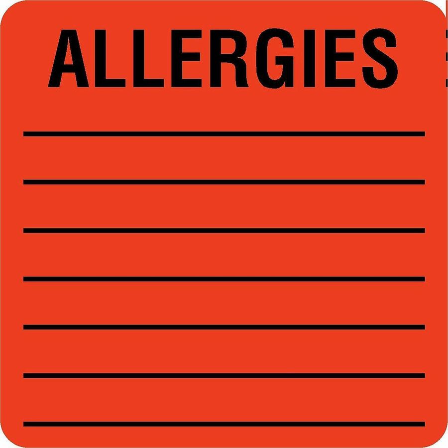 Tabbies Square ALLERGIES Labels - 2" Width x 2" Length - Permanent Adhesive - Square - Fluorescent Red - Self-adhesive - 500 / Roll - 500 / Roll