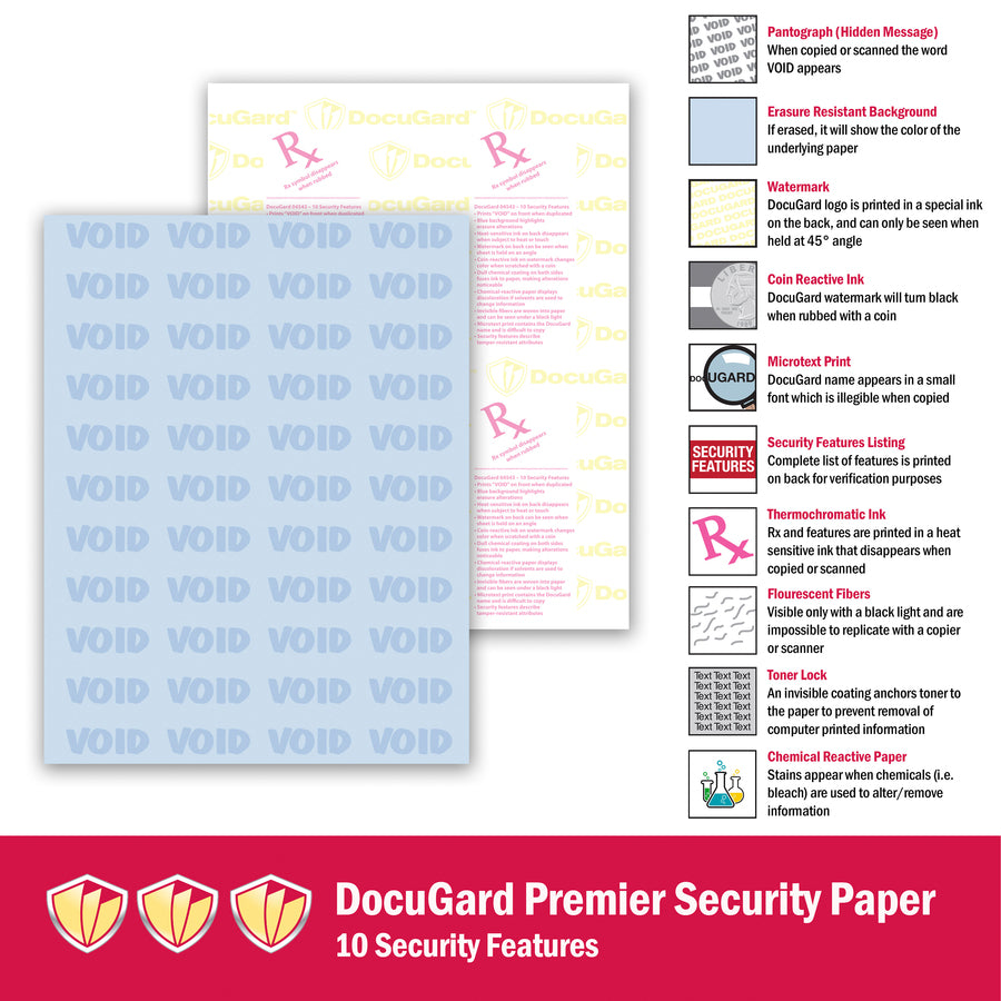 DocuGard Premier Medical Security Paper - Letter - 8 1/2" x 11" - 24 lb Basis Weight - Tamper Resistant, Watermarked, Chemical Reactive, CMS Approved - Blue - 500 / Ream