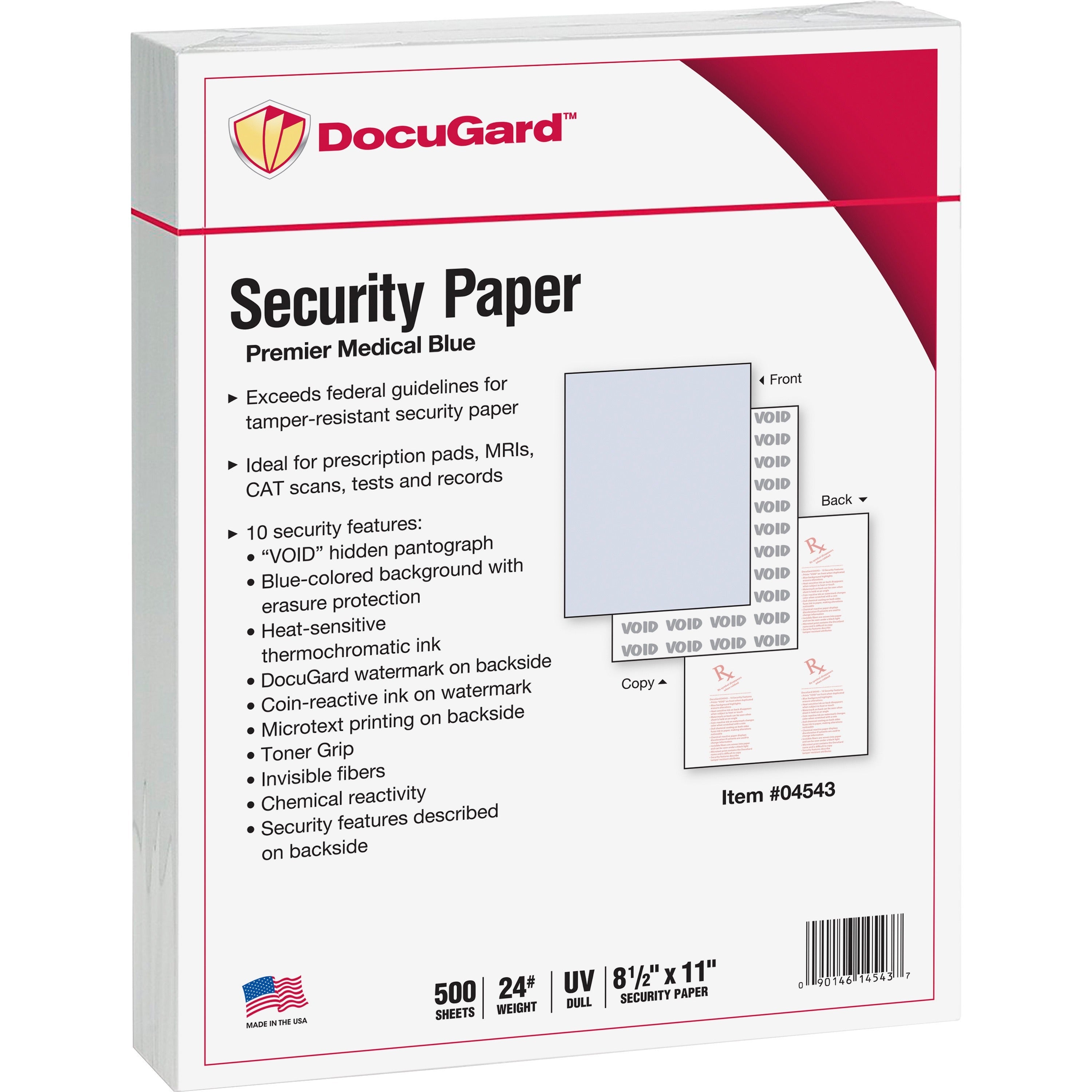 DocuGard Premier Medical Security Paper - Letter - 8 1/2" x 11" - 24 lb Basis Weight - Tamper Resistant, Watermarked, Chemical Reactive, CMS Approved - Blue - 500 / Ream