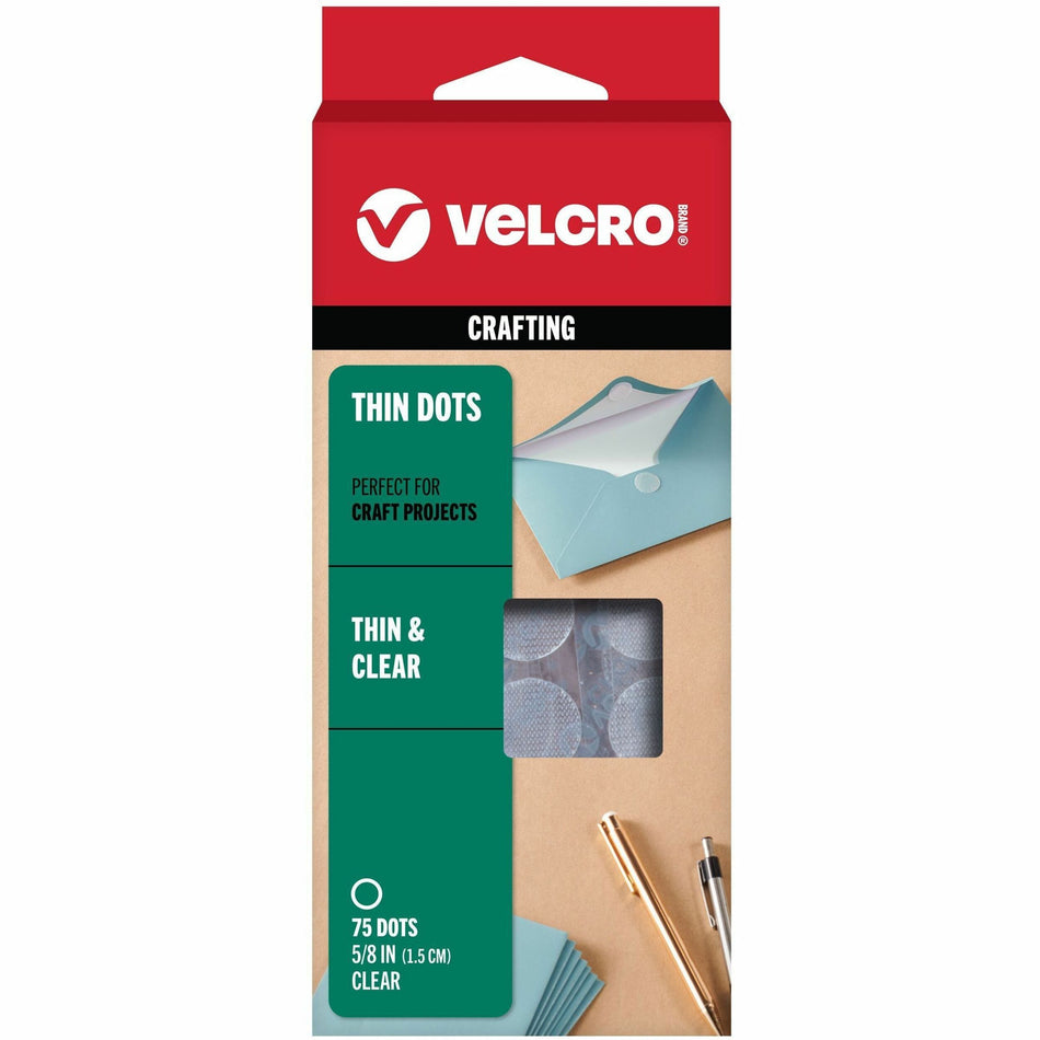 VELCRO®  Thin Clear Fasteners 5/8in Circles Clear 75 ct - 0.63" Diameter - Clear - Water Resistant - For Indoor, Outdoor, Card, Crafting, Scrapbooking, Project, Glass, Plastic, Classroom, Office, Home, ... Carton - 75 / Pack