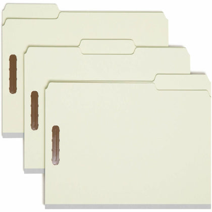 Smead 1/3 Tab Cut Letter Recycled Fastener Folder - 8 1/2" x 11" - 3" Expansion - 2 x 2K Fastener(s) - 2" for Folder - Top Tab Location - Assorted Tab Position - 25 pt. - 1 Plys - Pressboard - Gray, Green - Reinforced Gusset - 100% Recycled - 25 / Box
