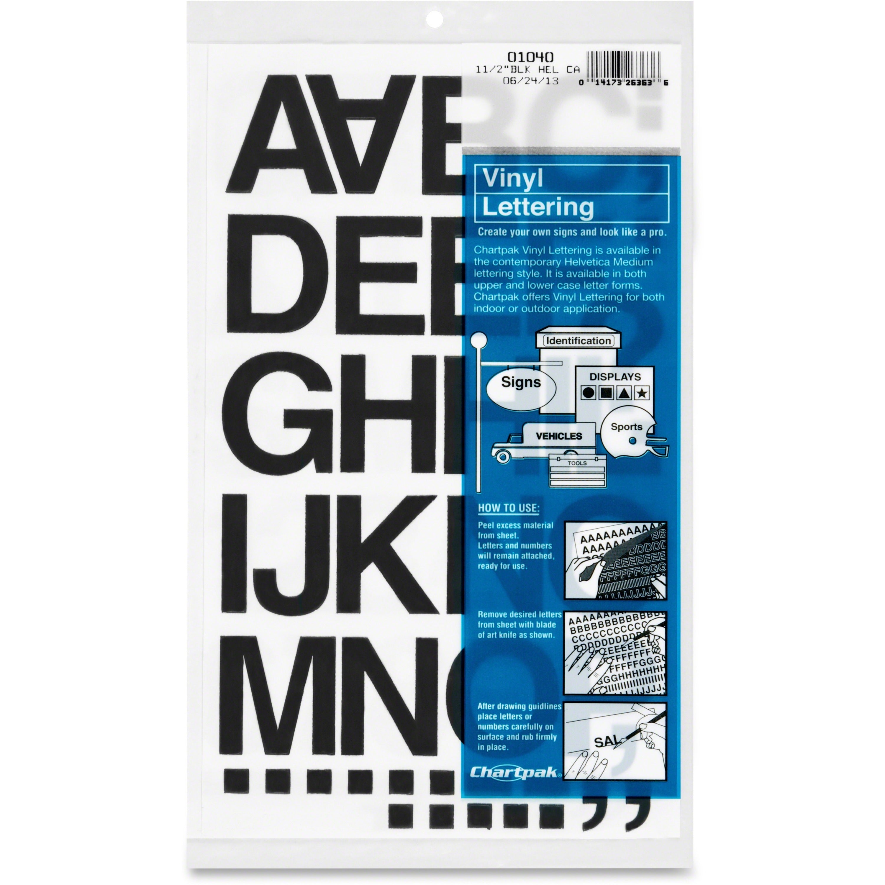 Chartpak Vinyl Helvetica Style Letters/Numbers - Skill Learning: Alphabet, Number - 10 x Numbers, 35 x Capital Letter, Symbols Shape - Self-adhesive - Helvetica Style - 1.50" Height x 12" Length - Black - Vinyl - 1 Pack