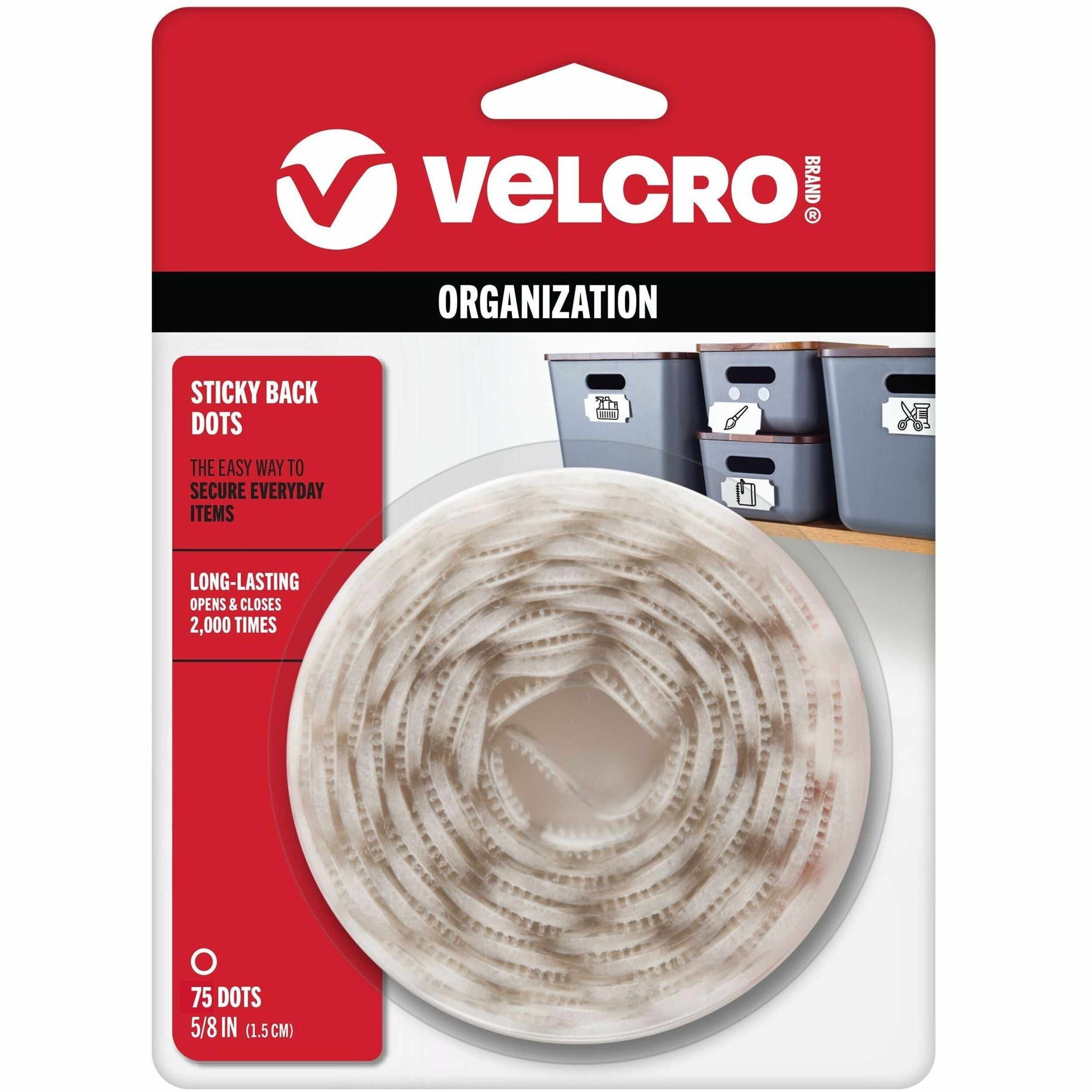 VELCRO®  Sticky Back 5/8in Circles White 75 Ct - 0.59" Length x 0.59" Width x 0.63" Diameter - White - Adhesive Backing - Dispenser Included - For Glass, Metal, Plastic, Wood, Tile, Indoor, Smooth Surface, Outdoor, Home, School, Office - 75 / Pack