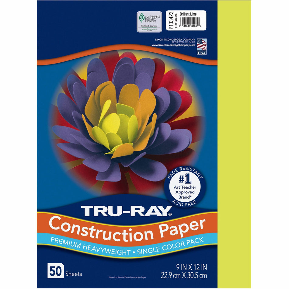 Tru-Ray Construction Paper - Project, Bulletin Board - 12" Width x 9" Length - Brilliant Lime - Sulphite - 50 / Pack