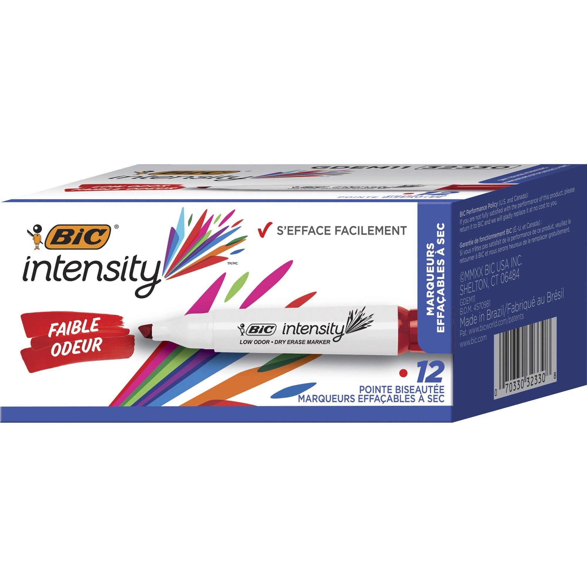 BIC Intensity Low Odor Dry Erase Markers - Chisel Marker Point - Red Ink - 1 Dozen