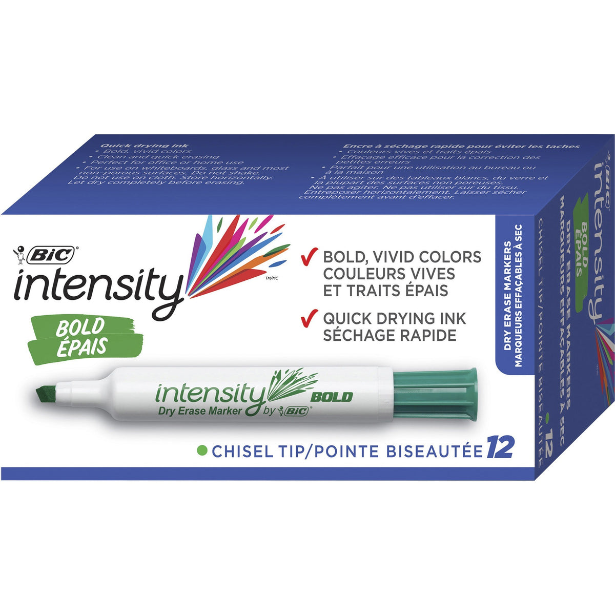 BIC Intensity Low Odor Dry Erase Markers - Chisel Marker Point - Green Ink - 1 Dozen