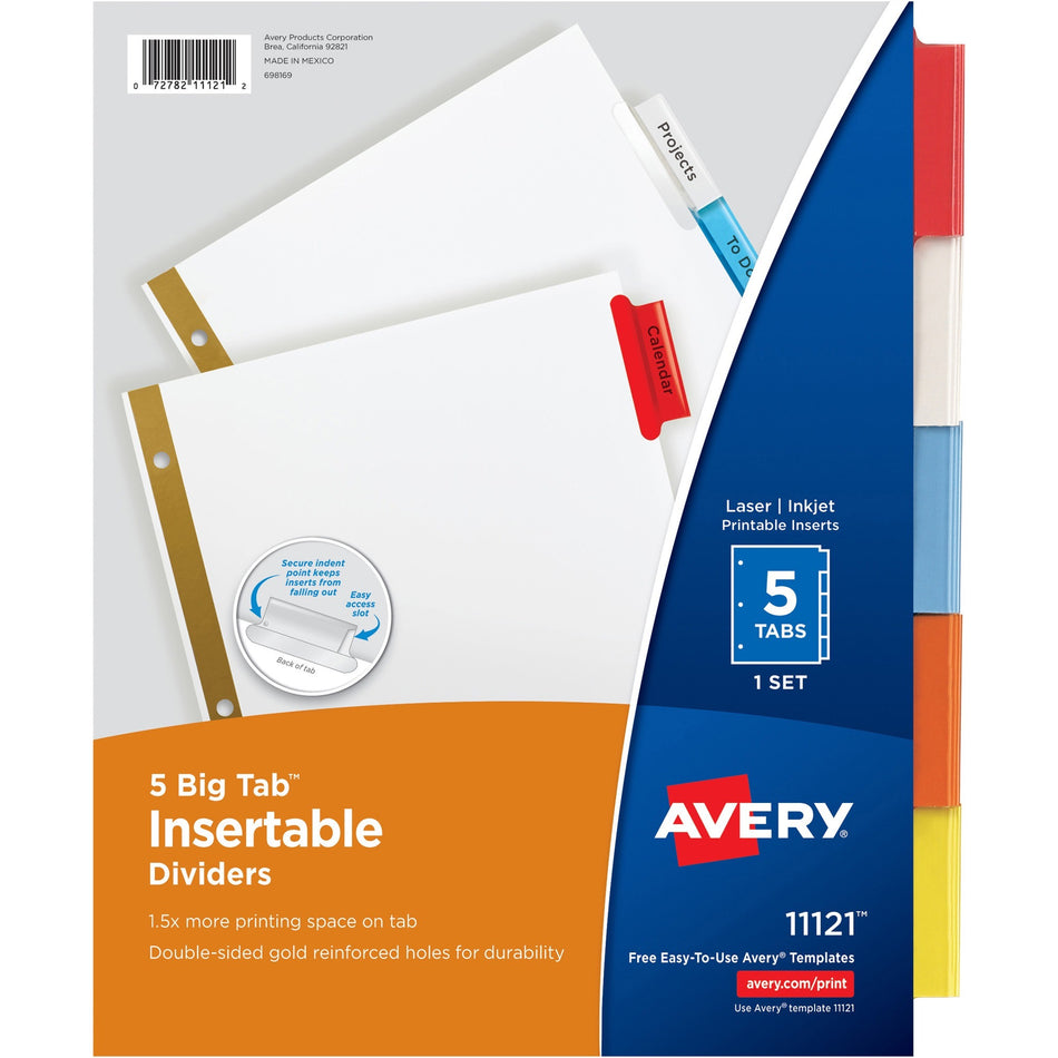 Avery® Worksaver Big Insertable Tab Index Dividers - 5 x Divider(s) - 5 - 5 Tab(s)/Set - 8.5" Divider Width x 11" Divider Length - 3 Hole Punched - White Paper Divider - Multicolor Plastic Tab(s) - 20% Recycled - 5 / Set