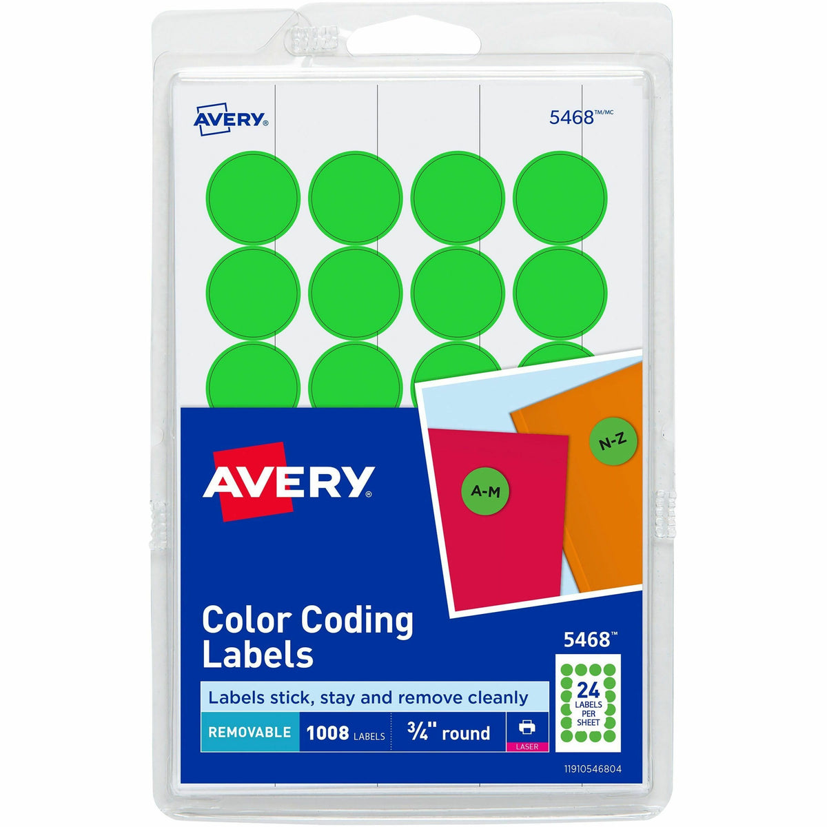 Avery®  Removable Color-Coding Labels - 3/4" Diameter - Removable Adhesive - Round - Laser - Matte - Neon Green - Paper - 24 / Sheet - 42 Total Sheets - 1008 Total Label(s) - 1008 / Pack