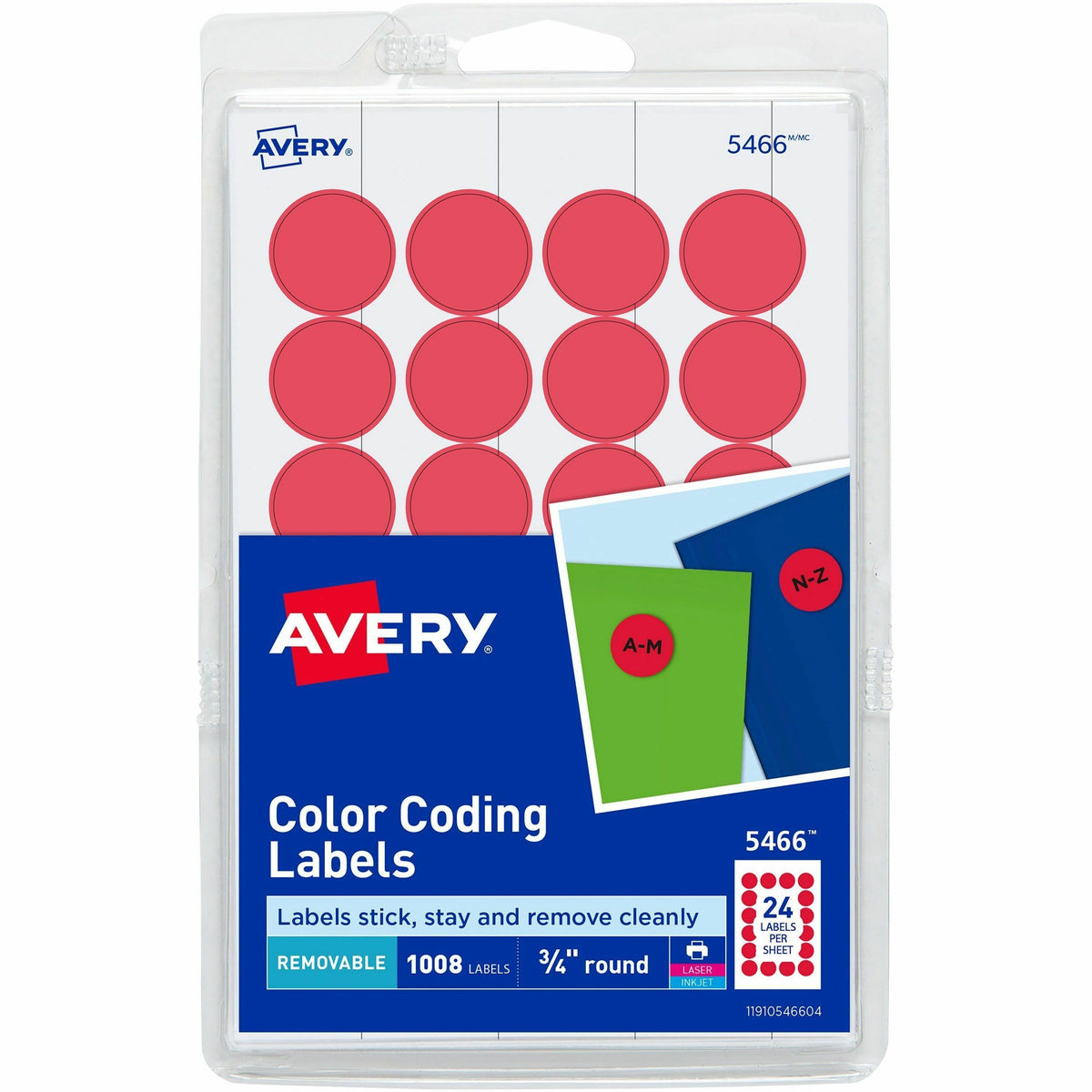 Avery®  Color-Coding Labels - 3/4" Diameter - Removable Adhesive - Round - Laser, Inkjet - Matte - Red - Paper - 24 / Sheet - 42 Total Sheets - 1008 Total Label(s) - 1008 / Pack