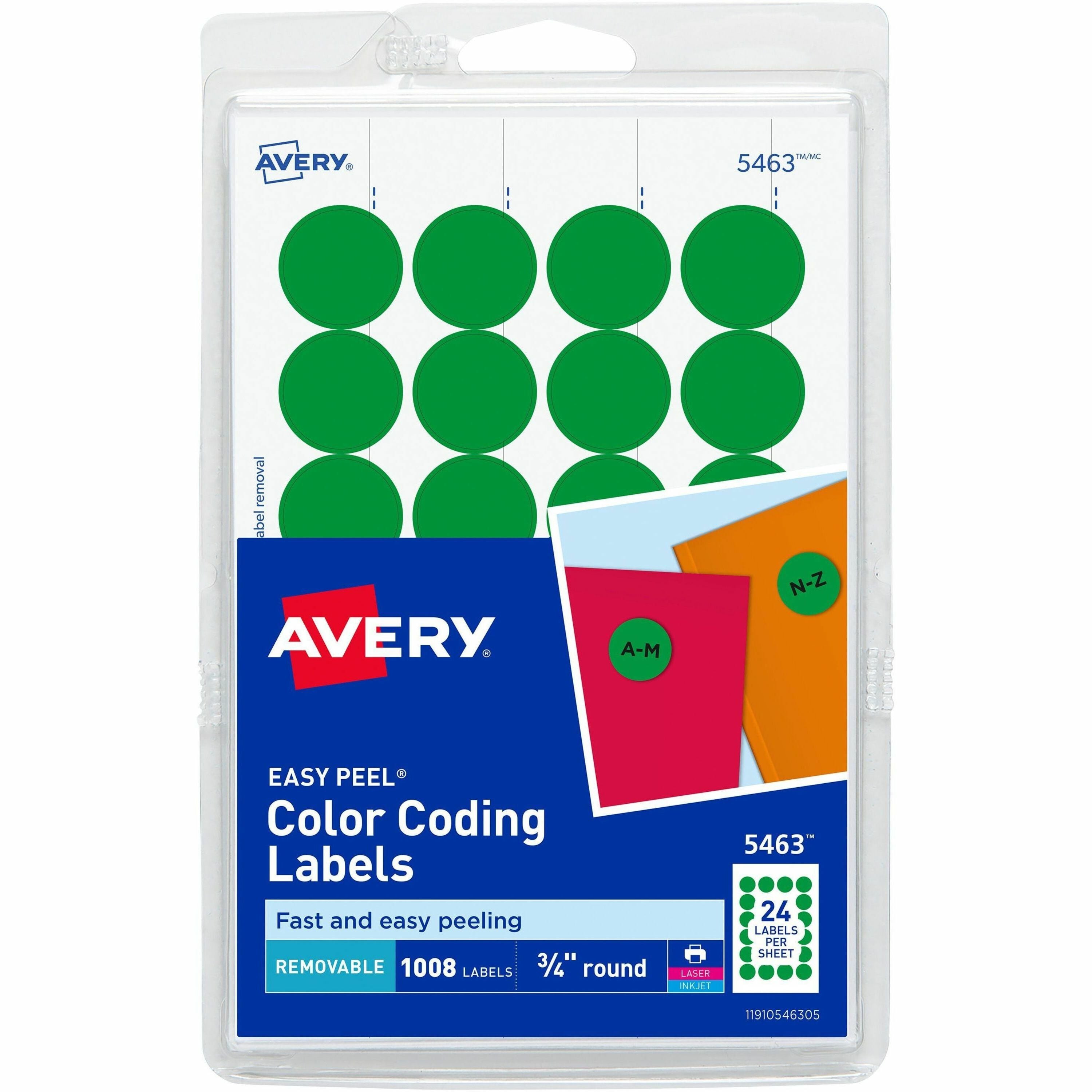 Avery®  Color-Coding Labels - 3/4" Diameter - Removable Adhesive - Round - Laser, Inkjet - Matte - Green - Paper - 24 / Sheet - 42 Total Sheets - 1008 Total Label(s) - 1008 / Pack