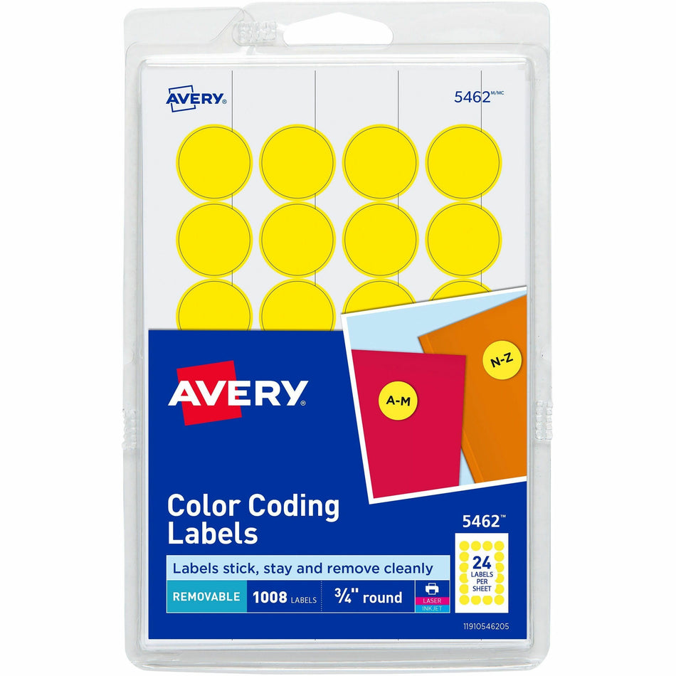 Avery®  3/4" Round Removable Color Coding Labels - 3/4" Diameter - Removable Adhesive - Round - Laser, Inkjet - Yellow - Paper - Removable, Residue-free, Peel & Stick - 24 / Sheet - 42 Total Sheets - 1008 Total Label(s) - 1008 / Pack