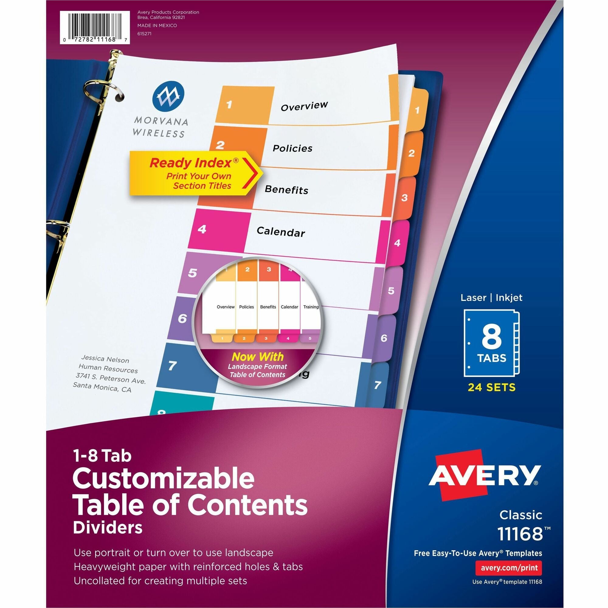 Avery® Ready Index Customizable TOC Dividers - 192 x Divider(s) - 1-8 - 8 Tab(s)/Set - 8.5" Divider Width x 11" Divider Length - 3 Hole Punched - White Paper Divider - Multicolor Paper Tab(s) - 20% Recycled - 24 / Box
