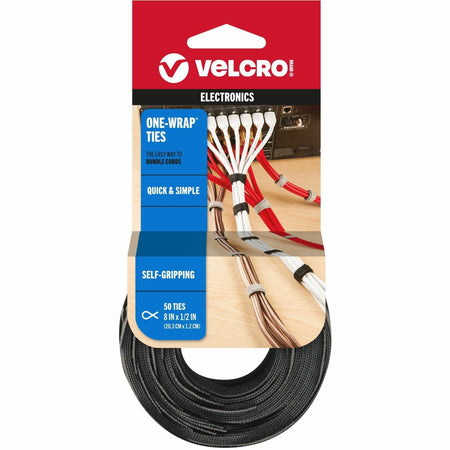 VELCRO®  ONE-WRAP Thin Ties 8in x 1/2in Ties Gray & Black 50 ct - Cable Tie - Black, Gray - 25 lb Loop Tensile - 8" Length - 50 / Pack