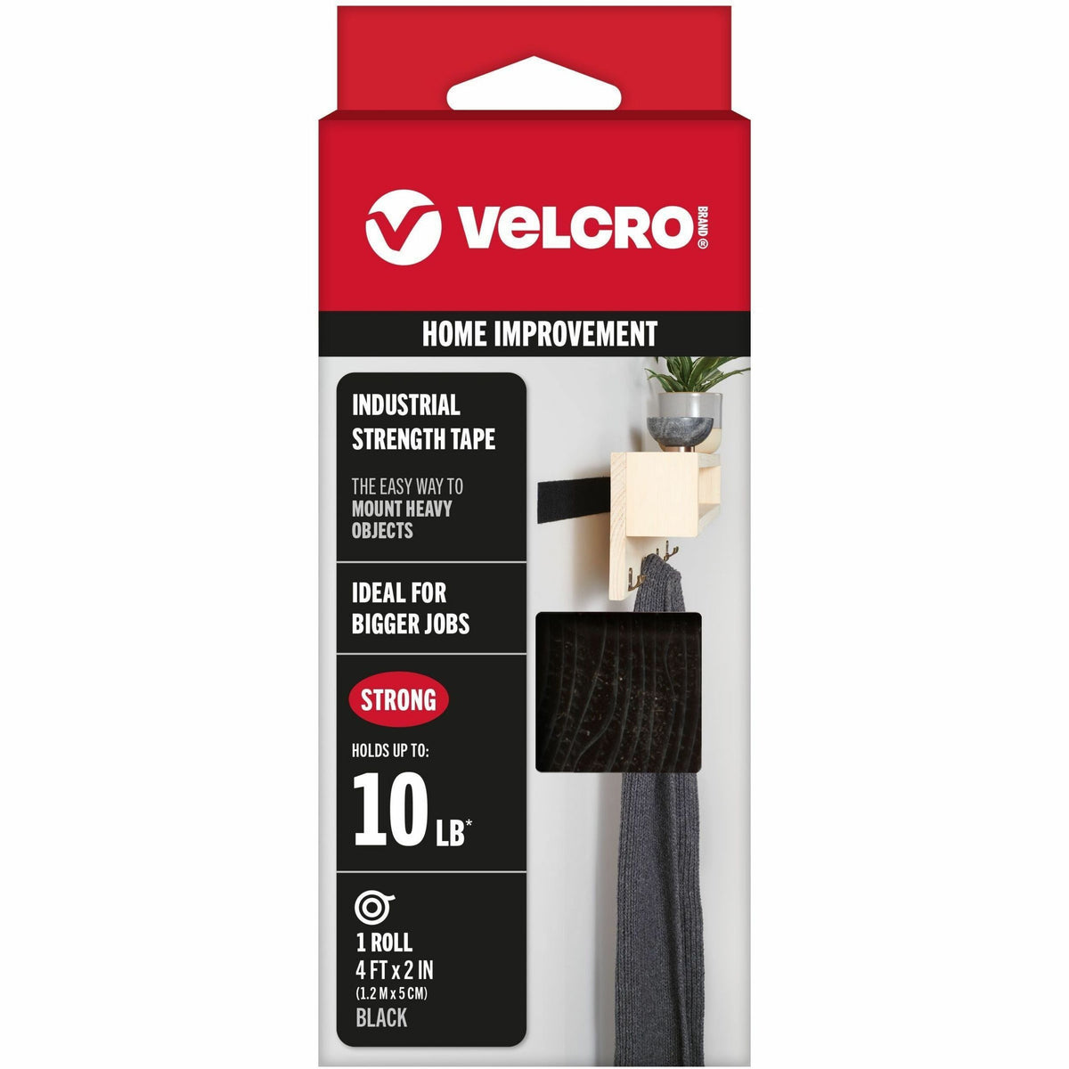 VELCRO®  Industrial Strength 4ft x 2in Roll Black - 4 ft Length x 2" Width - Black - Plastic - Water Resistant, Long Lasting - For Tools, Equipment, Glass, Hanging, Project, Industrial, Garage, Indoor, Outdoor, Mounting, Storing, ... Roll - 1 Roll