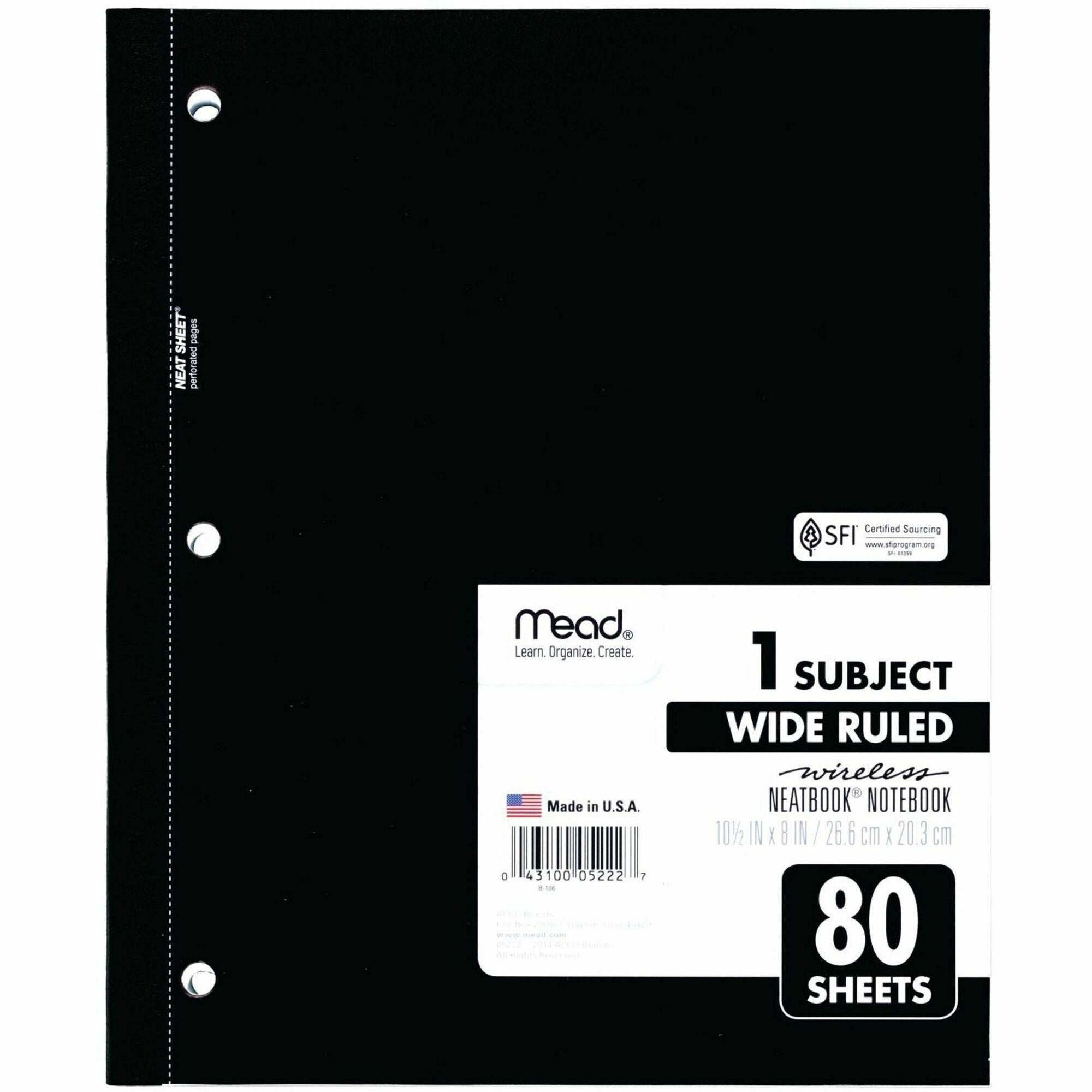 Mead Neatbook One-subject Notebook - 80 Sheets - Ruled Margin - 8" x 10 1/2" Sheet Size - White Paper - Green, Blue, Red, Light Blue Cover - Perforated - 1 Each