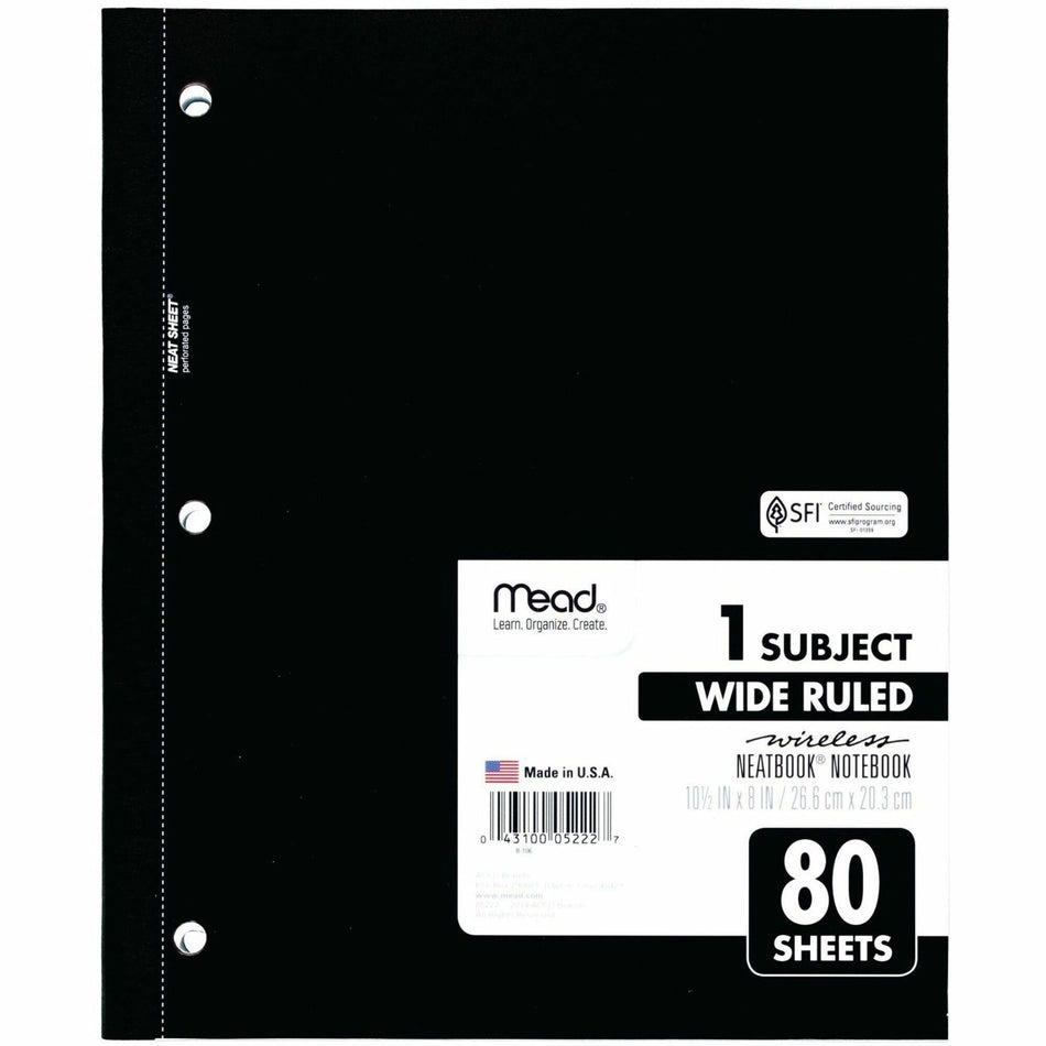Mead Neatbook One-subject Notebook - 80 Sheets - Ruled Margin - 8" x 10 1/2" Sheet Size - White Paper - Green, Blue, Red, Light Blue Cover - Perforated - 1 Each