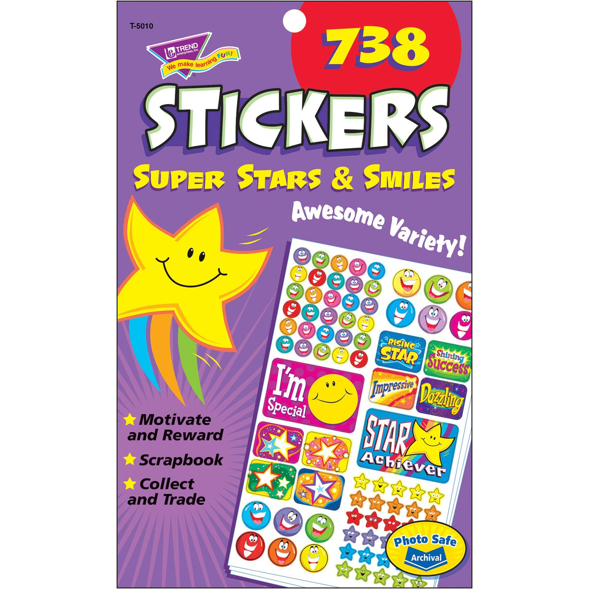 Trend Super Stars/Smiles Sticker Pad - Star, Smilies Shape - Acid-free, Non-toxic - 1 Pad