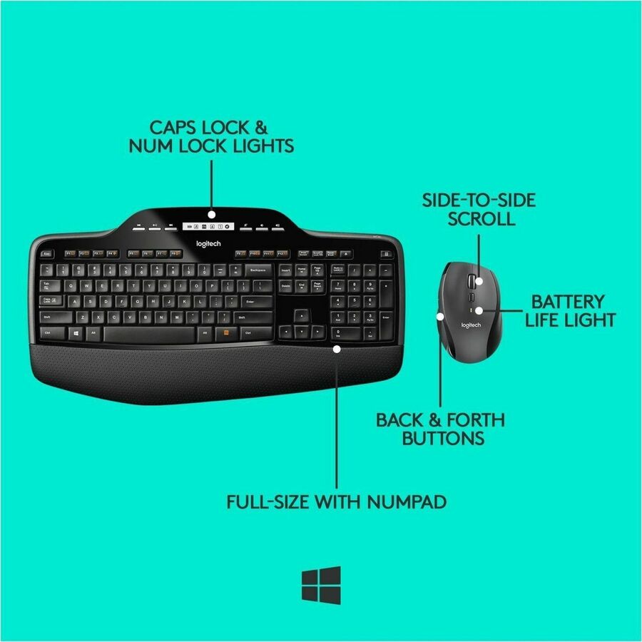 Logitech MK710 Wireless Desktop Combo - USB Wireless RF 2.40 GHz Keyboard - Black - USB Wireless RF Mouse - Optical - Scroll Wheel - Black - AA for PC - 1 Each