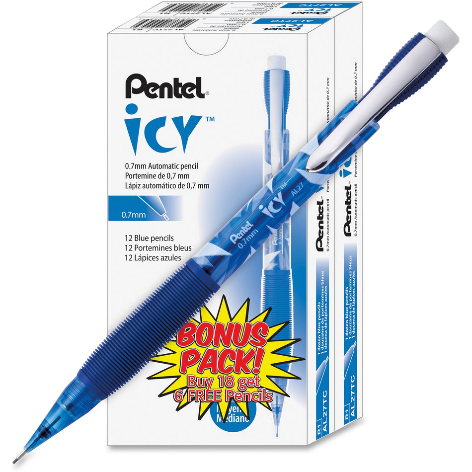 Pentel Icy Mechanical Pencil - 0.7 mm Lead - #2 - Refillable - Translucent Blue Barrel - 24 / Pack