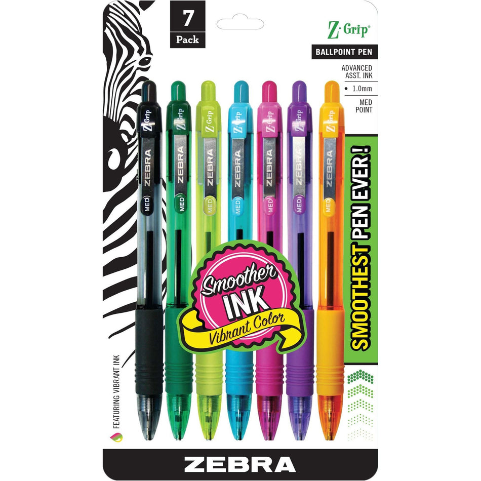 Zebra Z-Grip Retractable Ballpoint Pens - 1 mm Medium Pen Point - Retractable - Assorted Ink - Assorted Barrel - 7 / Pack
