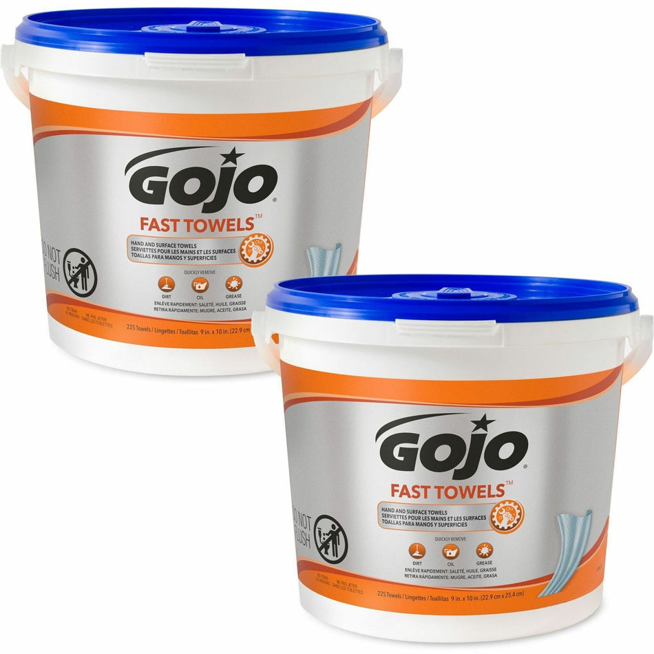 Gojo® Fast Towels Hand/Surface Cleaner - 9" Width x 10" Length - White - 225/Tub - 2 / Carton