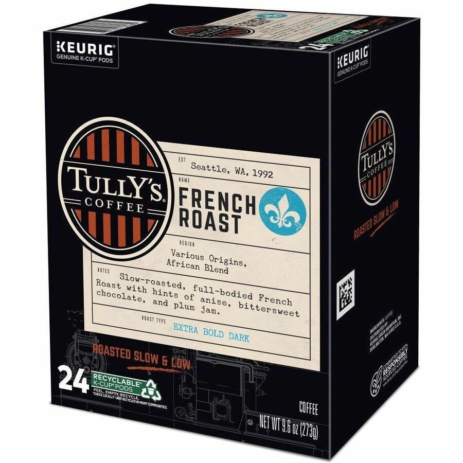 Tully's K-Cup, Pod French Roast, Keurig Single-Serve K-Cup Pods, Dark Roast, 24 Count - Compatible with Keurig Brewer - Regular - Extra Bold Dark - 9.6 oz - 24 K-Cup - K-Cup, Pod - French Roast - Kosher - 24 / Pack
