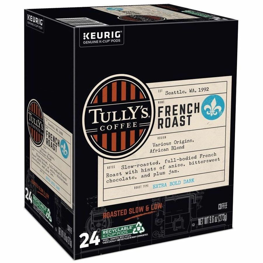 Tully's K-Cup, Pod French Roast, Keurig Single-Serve K-Cup Pods, Dark Roast, 24 Count - Compatible with Keurig Brewer - Regular - Extra Bold Dark - 9.6 oz - 24 K-Cup - K-Cup, Pod - French Roast - Kosher - 24 / Pack