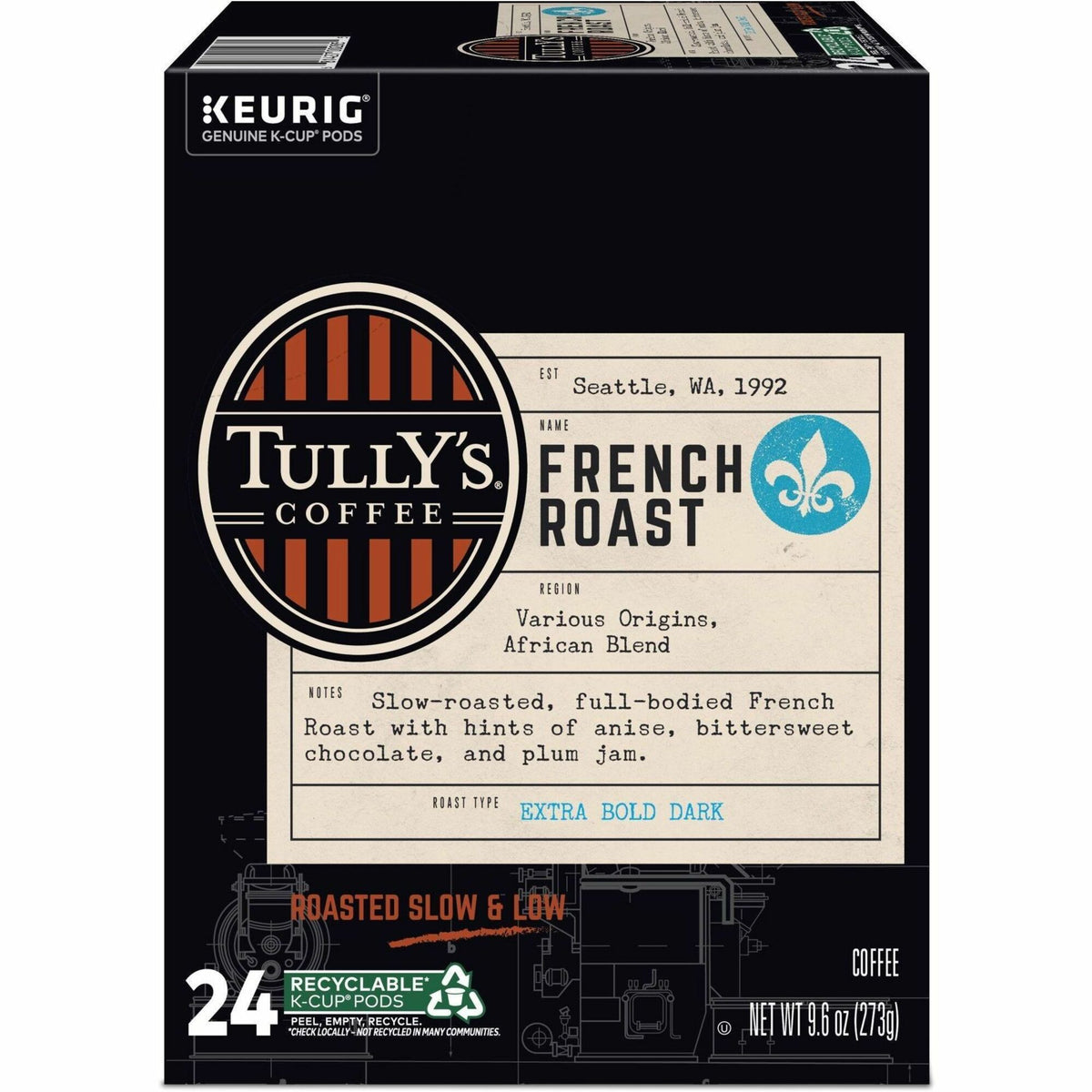 Tully's K-Cup, Pod French Roast, Keurig Single-Serve K-Cup Pods, Dark Roast, 24 Count - Compatible with Keurig Brewer - Regular - Extra Bold Dark - 9.6 oz - 24 K-Cup - K-Cup, Pod - French Roast - Kosher - 24 / Pack