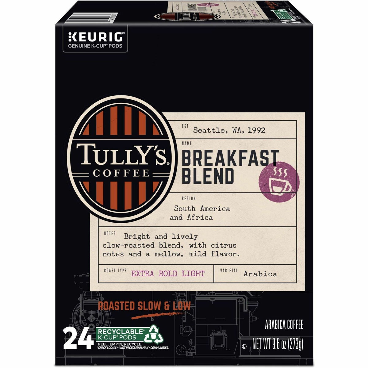 Tully's® Coffee K-Cup, Pod Breakfast Blend Keurig Single-Serve K-Cup Pods, Light Roast Coffee, 24 Count - Compatible with Keurig Brewer - Regular - Light - K-Cup, Pod - Breakfast Blend - Kosher - 24 / Pack