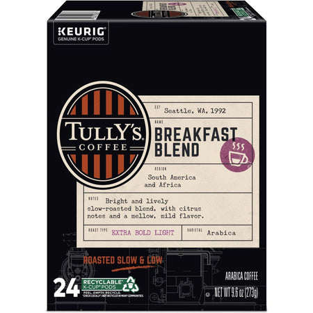 Tully's® Coffee K-Cup, Pod Breakfast Blend Keurig Single-Serve K-Cup Pods, Light Roast Coffee, 24 Count - Compatible with Keurig Brewer - Regular - Light - K-Cup, Pod - Breakfast Blend - Kosher - 24 / Pack