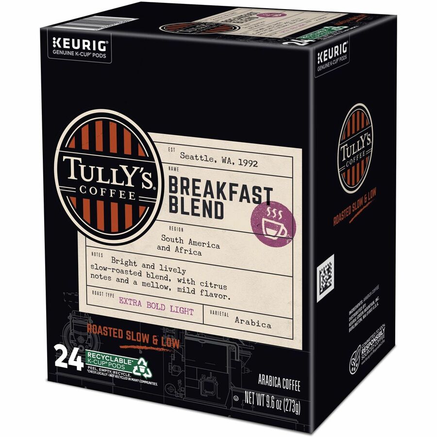 Tully's® Coffee K-Cup, Pod Breakfast Blend Keurig Single-Serve K-Cup Pods, Light Roast Coffee, 24 Count - Compatible with Keurig Brewer - Regular - Light - K-Cup, Pod - Breakfast Blend - Kosher - 24 / Pack