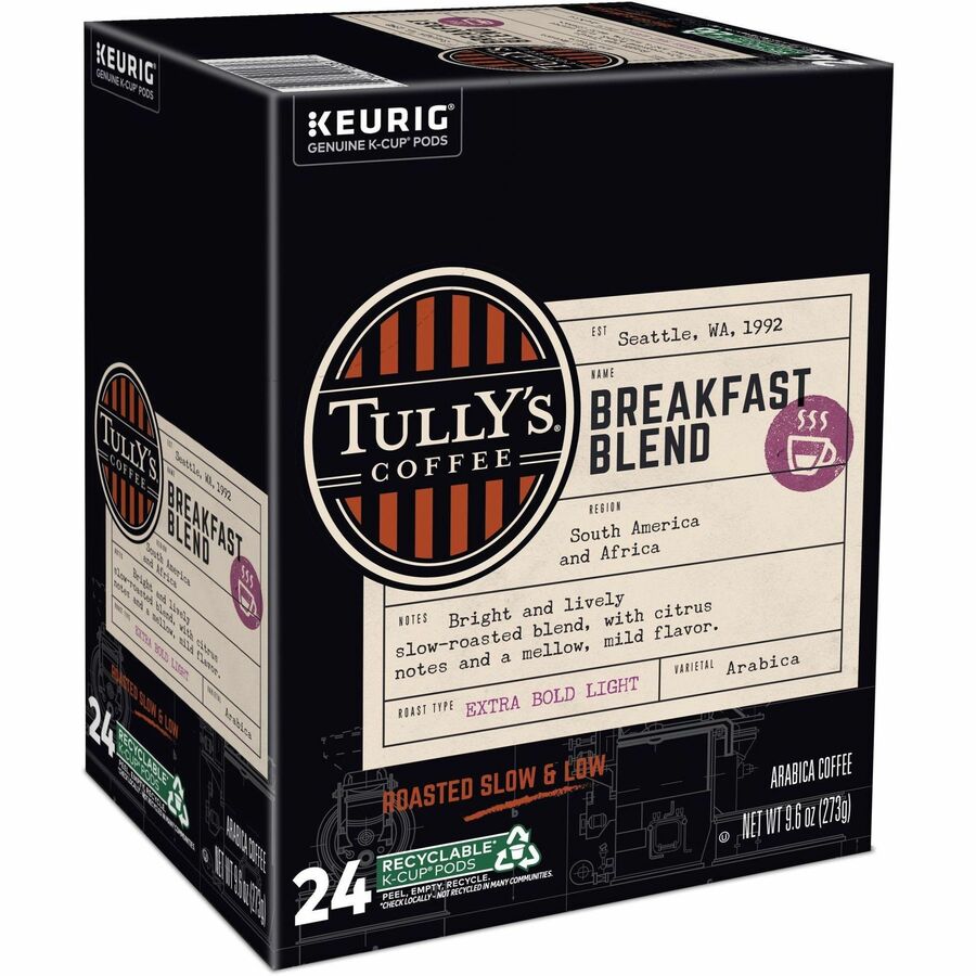 Tully's® Coffee K-Cup, Pod Breakfast Blend Keurig Single-Serve K-Cup Pods, Light Roast Coffee, 24 Count - Compatible with Keurig Brewer - Regular - Light - K-Cup, Pod - Breakfast Blend - Kosher - 24 / Pack