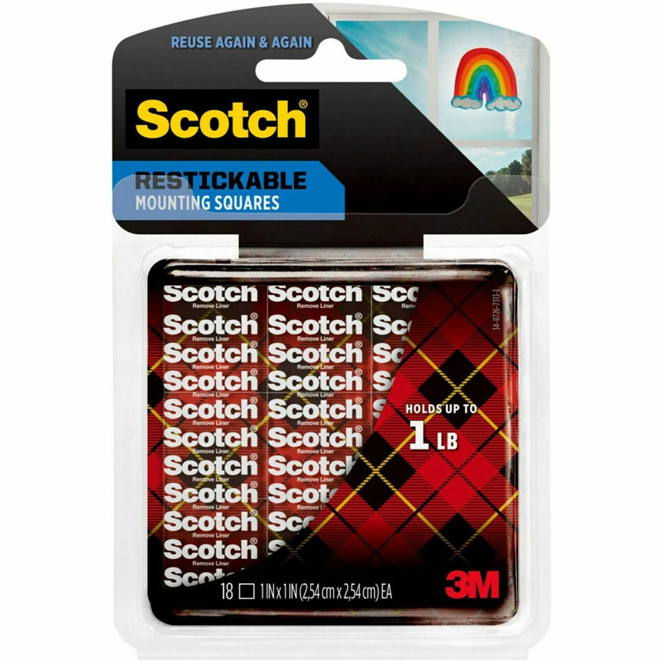 Scotch Restickable Mounting Tabs - 1" Length x 1" Width - Clear - Stain Resistant - For Artwork, Mount Picture/Poster - 18 / Pack