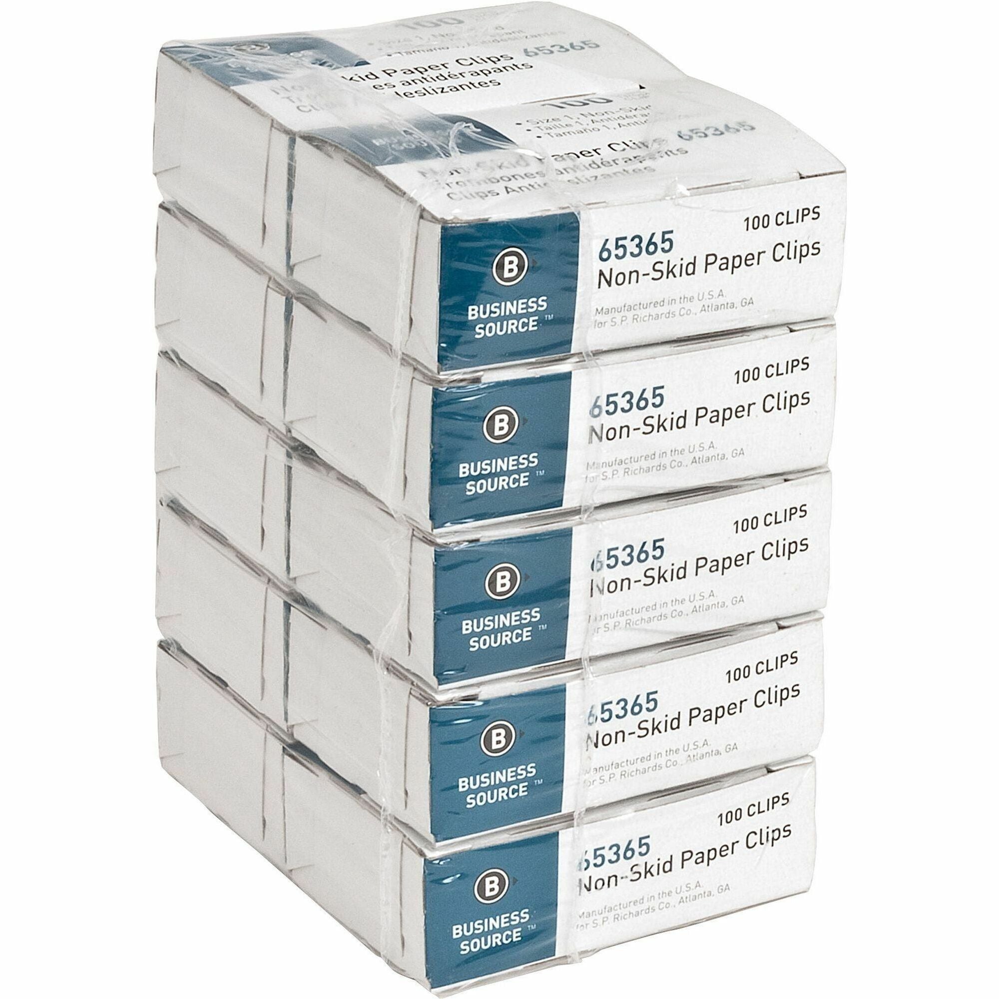 Business Source Non-Skid Paper Clips - Standard - No. 1 - 0.4" Length x 1.3" Width - Silver - Steel - 100/Box - 10 / Pack