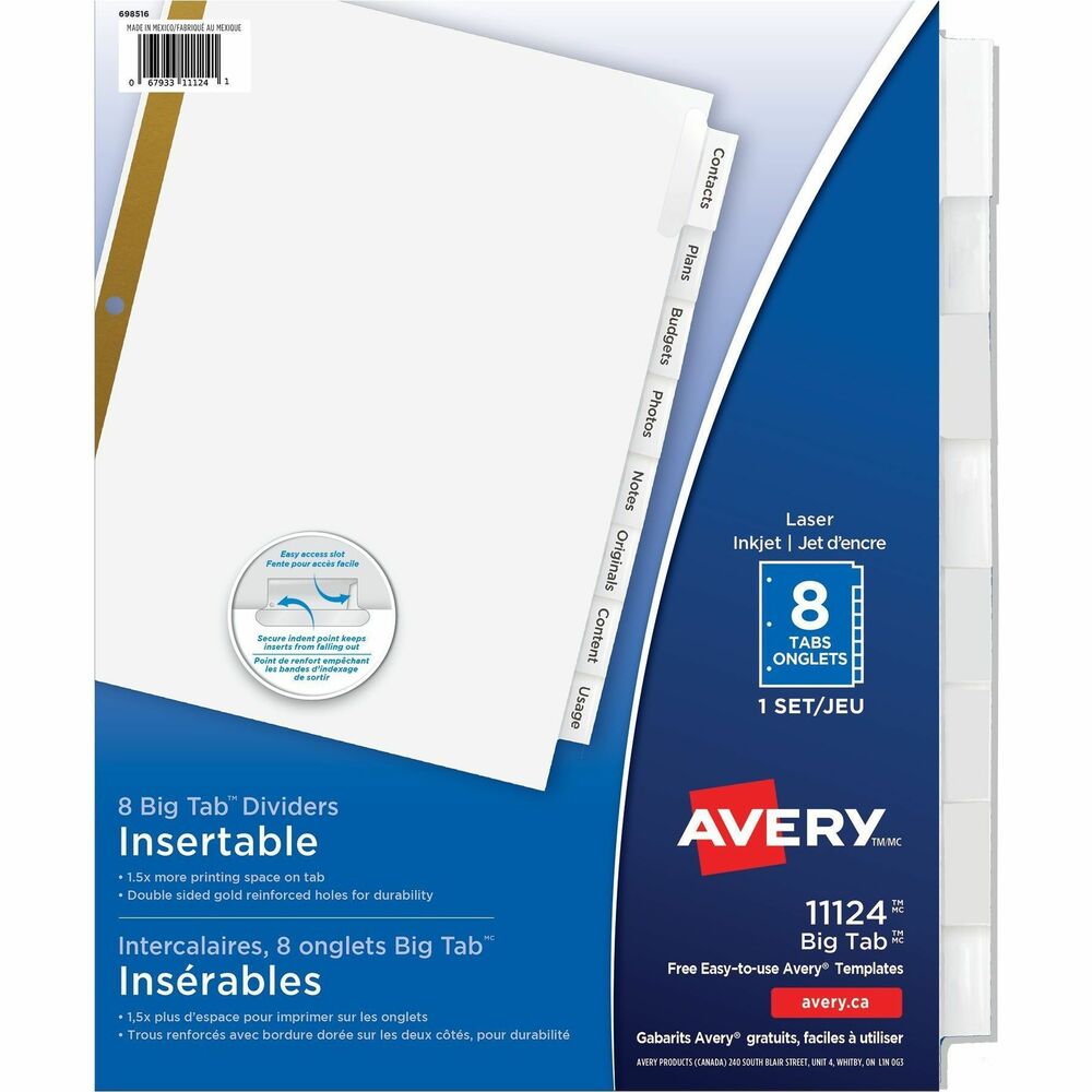 Avery® Big Tab&trade; Insertable Dividers, 8 tabs, 1 set - 8 x Divider(s) - 8 - 8 Tab(s)/Set - 8.5" Divider Width x 11" Divider Length - 3 Hole Punched - White Paper Divider - Clear Paper, Plastic Tab(s) - 20% Recycled - 8 / Set