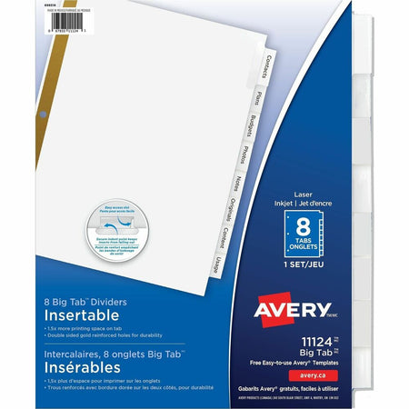 Avery® Big Tab&trade; Insertable Dividers, 8 tabs, 1 set - 8 x Divider(s) - 8 - 8 Tab(s)/Set - 8.5" Divider Width x 11" Divider Length - 3 Hole Punched - White Paper Divider - Clear Paper, Plastic Tab(s) - 20% Recycled - 8 / Set