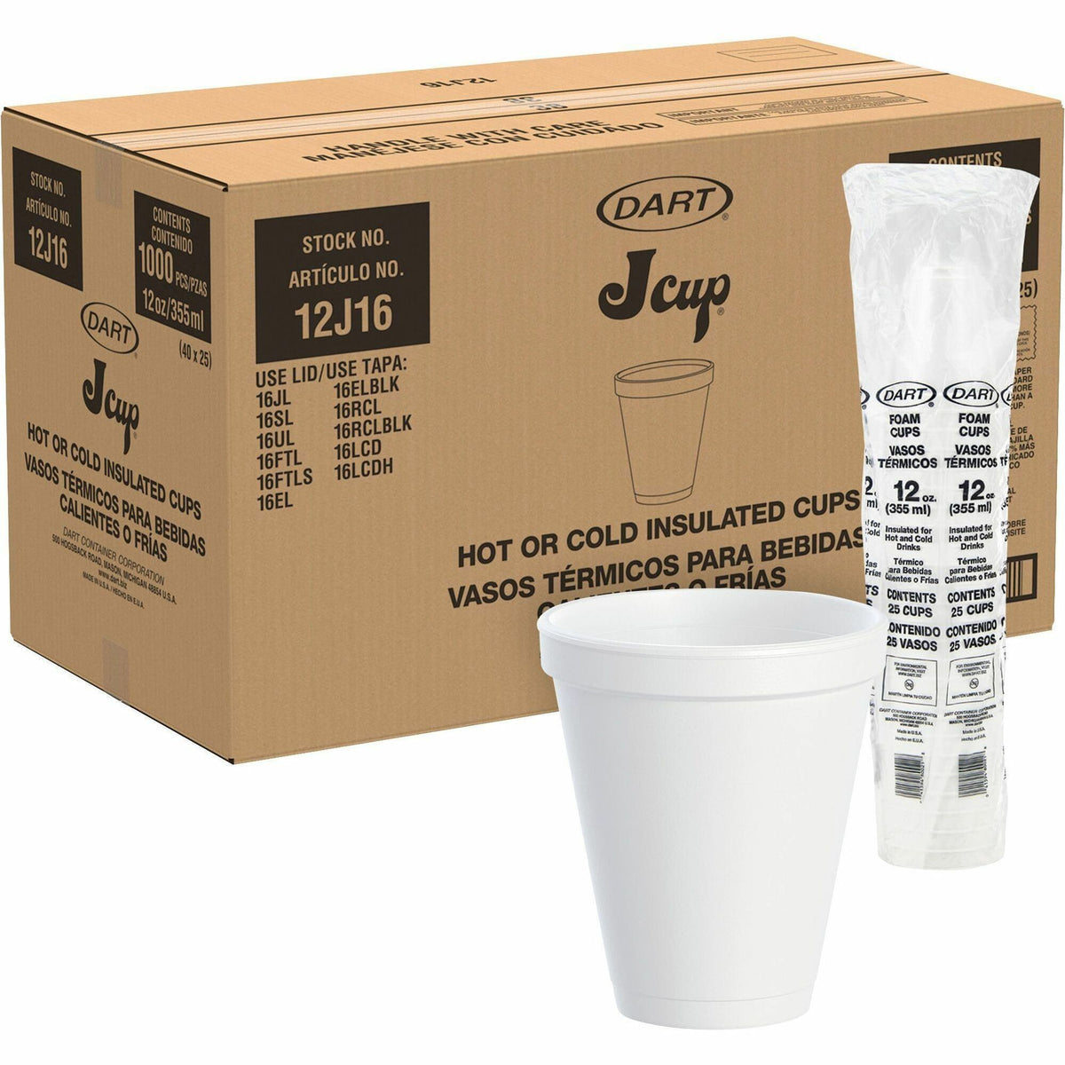 Dart J Cup 12 oz Squat Insulated Foam Cups - 12 fl oz - Round - White - Foam - Beverage, Tea, Coffee, Soft Drink, Juice, Hot Cider, Hot Chocolate, Cappuccino, Cold Drink, Hot Drink - 40/Pack - 25 / Carton