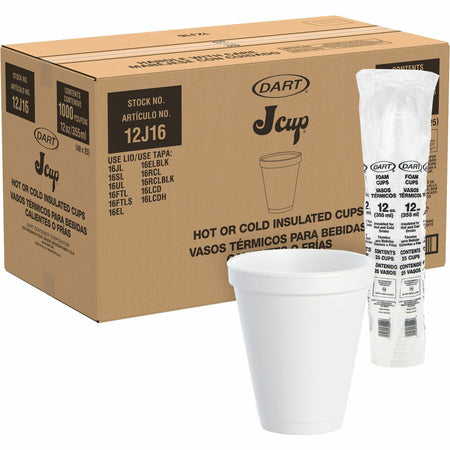 Dart J Cup 12 oz Squat Insulated Foam Cups - 12 fl oz - Round - White - Foam - Beverage, Tea, Coffee, Soft Drink, Juice, Hot Cider, Hot Chocolate, Cappuccino, Cold Drink, Hot Drink - 40/Pack - 25 / Carton