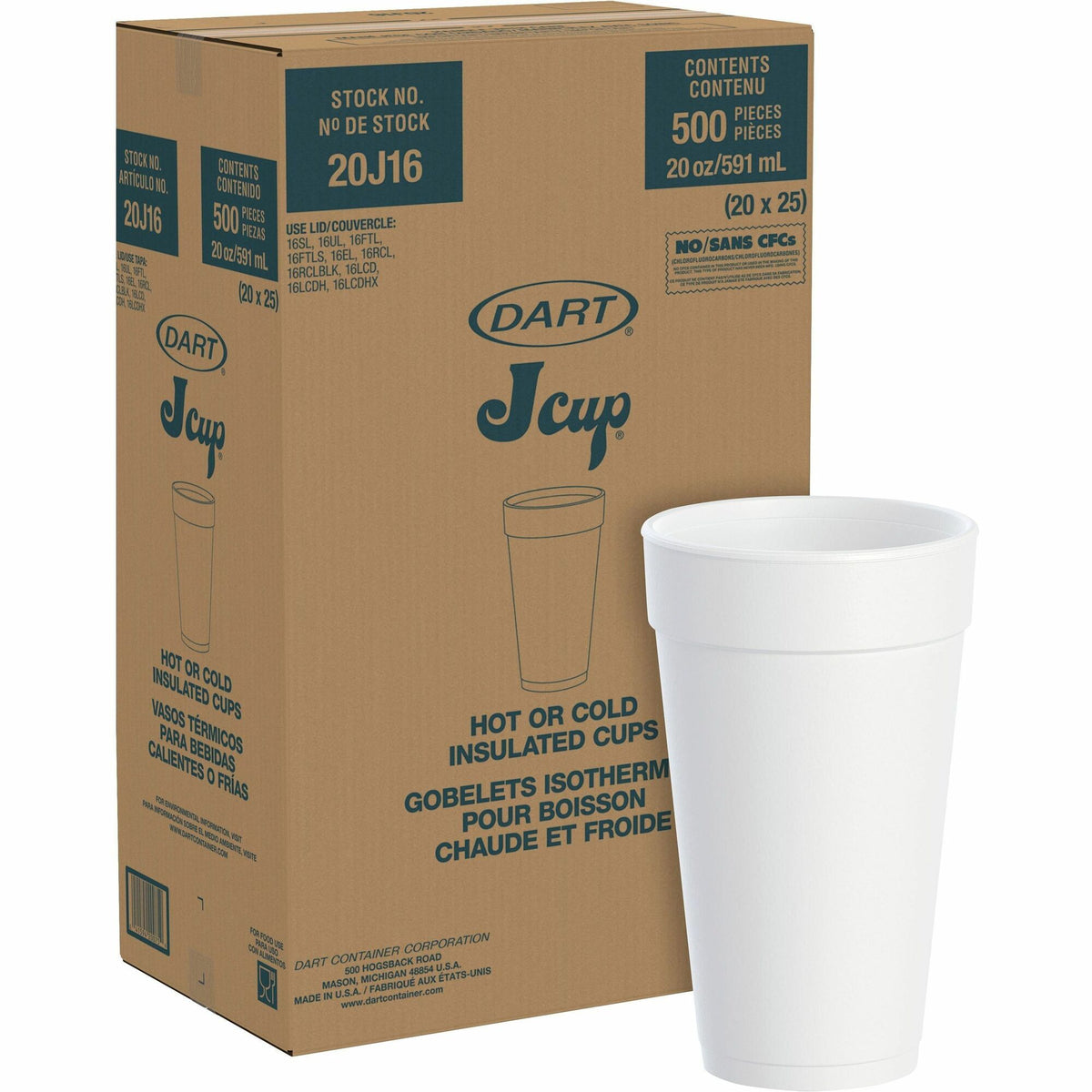 Dart J Cup 20 oz Insulated Foam Cups - 20 fl oz - Round - White - Foam - Beverage, Coffee, Cappuccino, Soft Drink, Juice, Hot Drink, Cold Drink, Iced Tea, Smoothie - 20/Pack - 25 / Carton