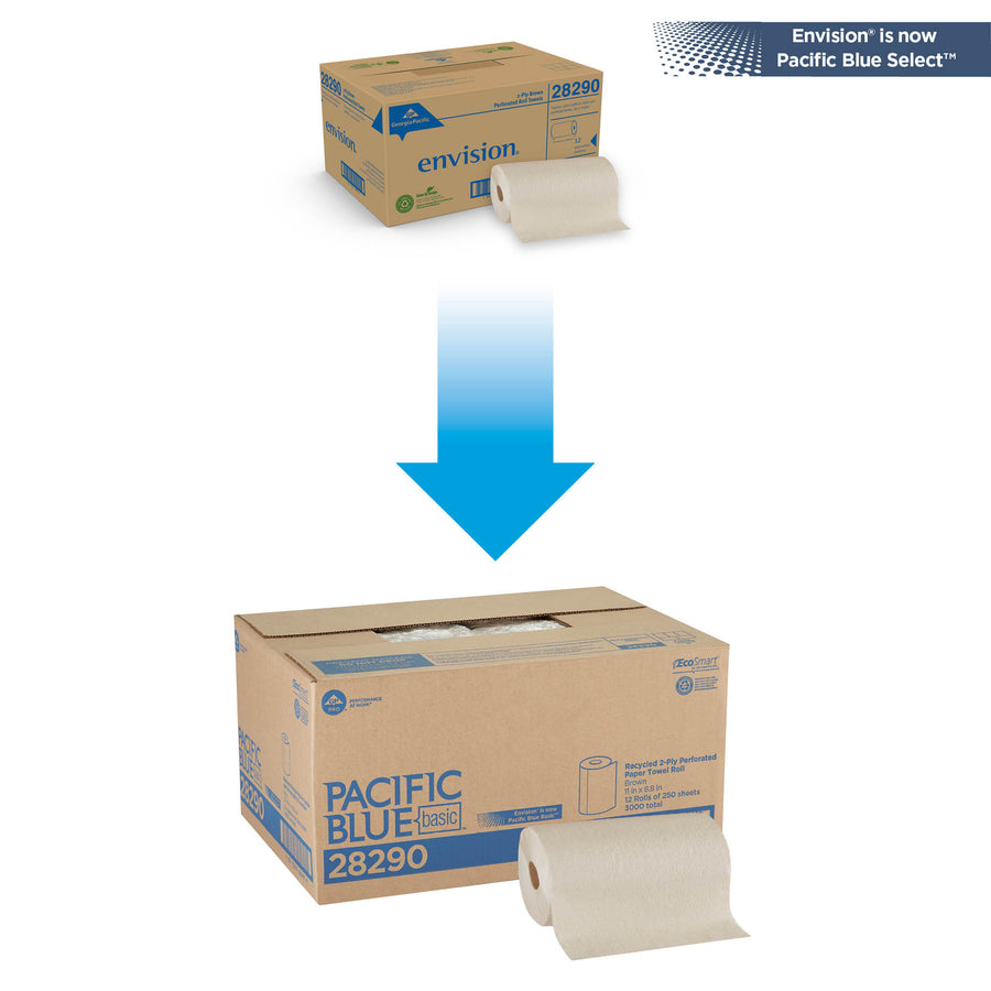Pacific Blue Basic Recycled Perforated Paper Roll Towel - 2 Ply - 11" Width x 8.80" Length - 250 Sheets/Roll - Brown - 12 / Carton