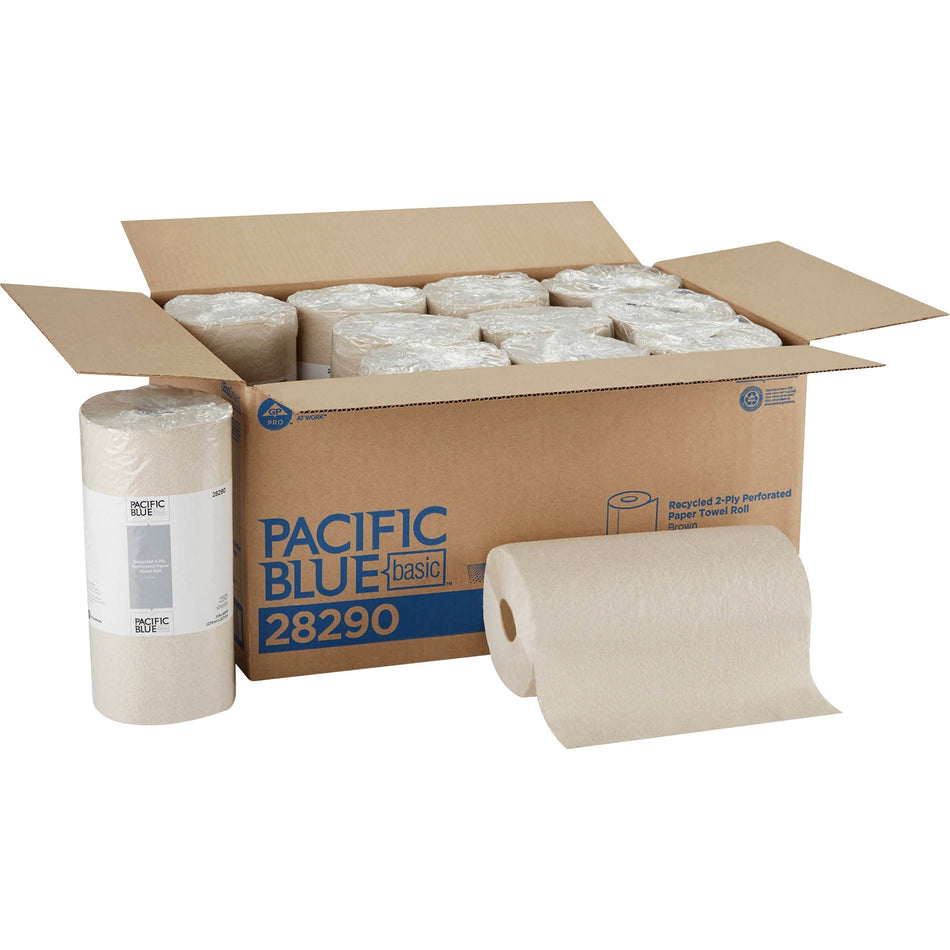 Pacific Blue Basic Recycled Perforated Paper Roll Towel - 2 Ply - 11" Width x 8.80" Length - 250 Sheets/Roll - Brown - 12 / Carton