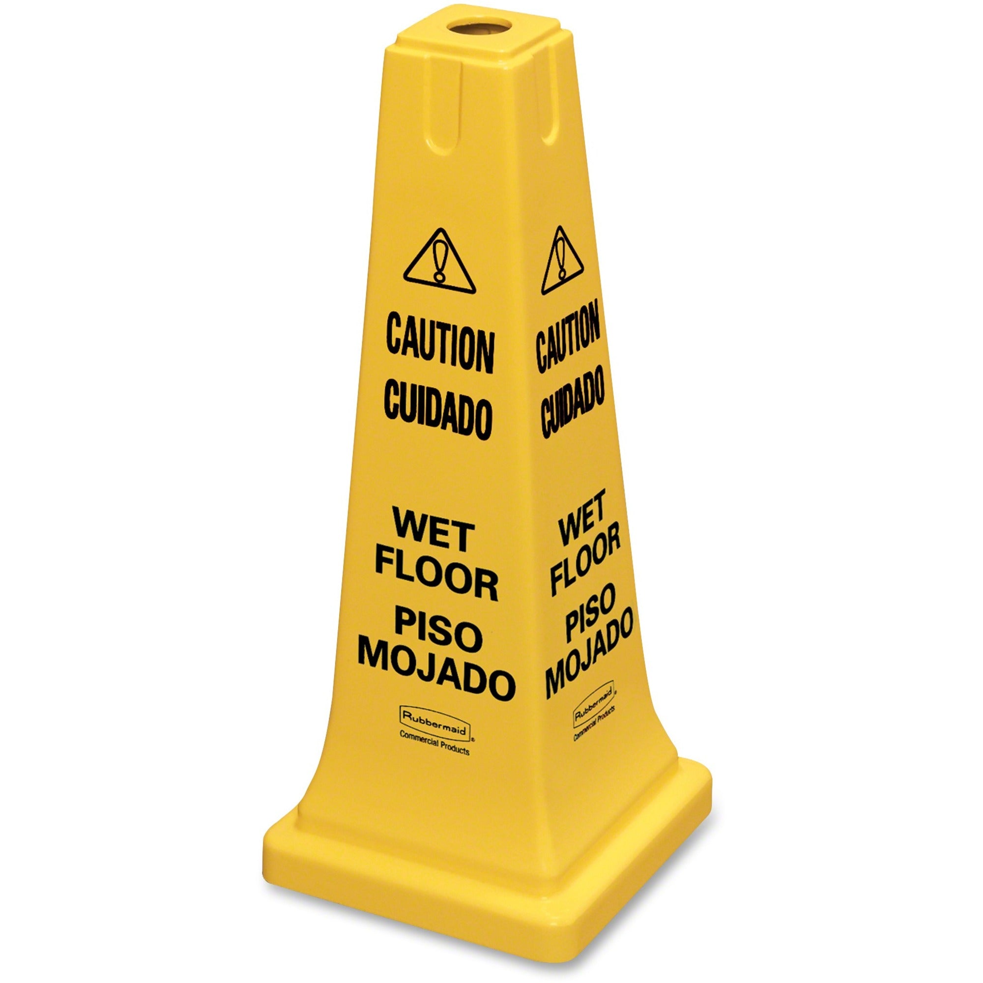 Rubbermaid Commercial 25" Safety Cone - English, Spanish - Print/Message "Caution Wet Floor" - 10.5" Width x 25.8" Height x 10.5" Depth - Cone Shape - Sturdy, Multilingual - Plastic - Yellow - 1 Each