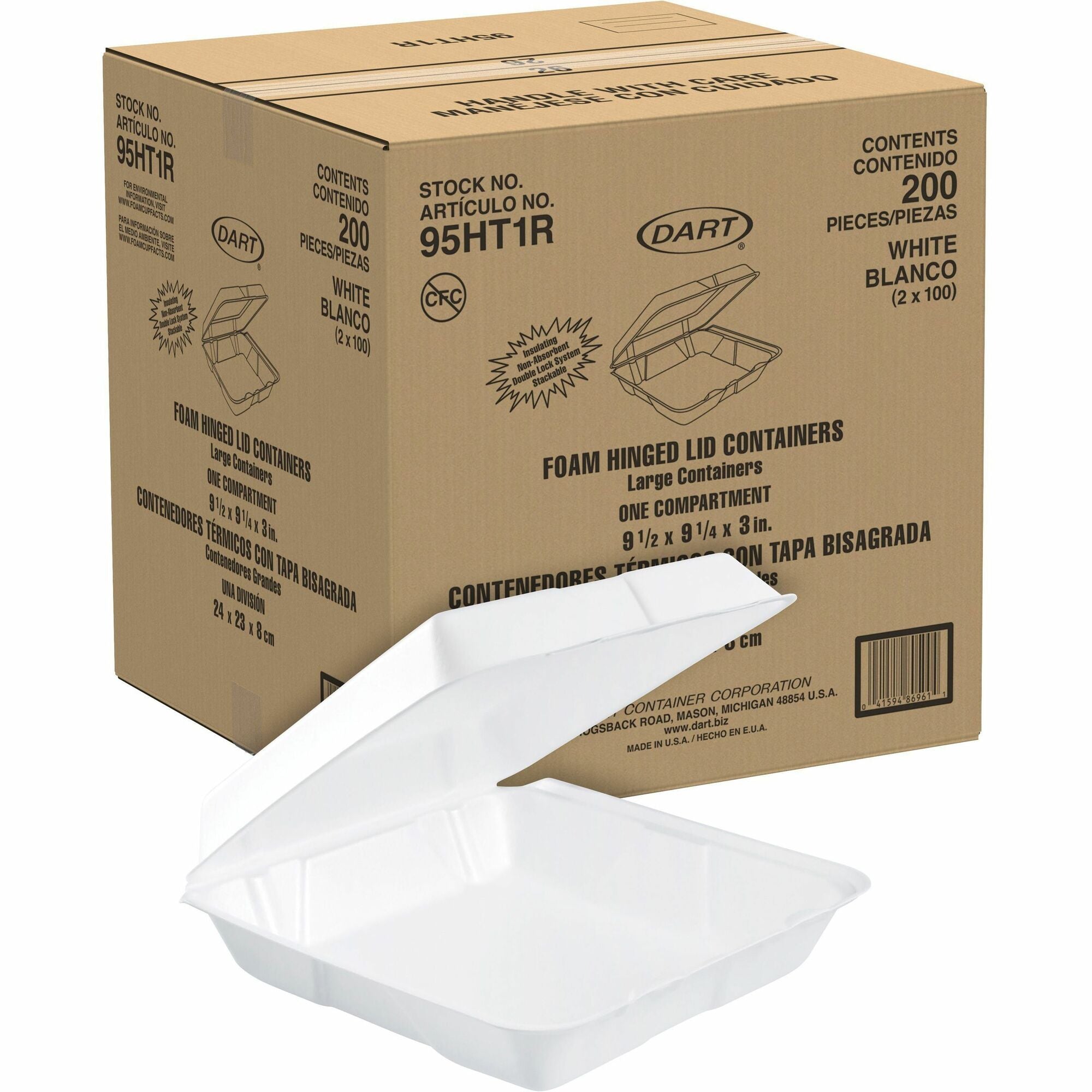 Dart 9-1/2" Single-Compartment Foam Containers - Foam Body - 100/Pack - 2 / Carton