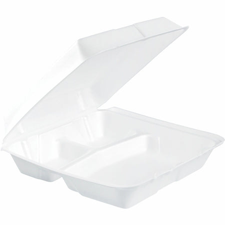 Dart 9-1/2" Triple-Compartment Foam Containers - White - Foam Body - 100/Pack - 2 / Carton