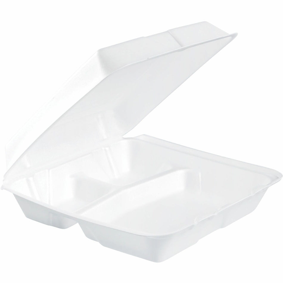Dart 9-1/2" Triple-Compartment Foam Containers - White - Foam Body - 100/Pack - 2 / Carton