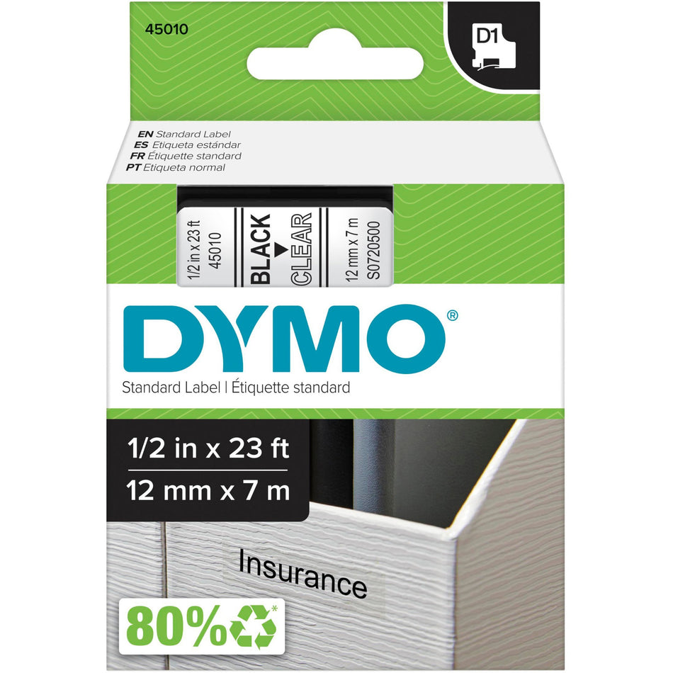 Dymo D1 Electronic Tape Cartridge - 1/2" Width x 23 ft Length - Rectangle - Thermal Transfer - Clear - Polyester - Scratch Resistant, Chemical Resistant - 1 Each