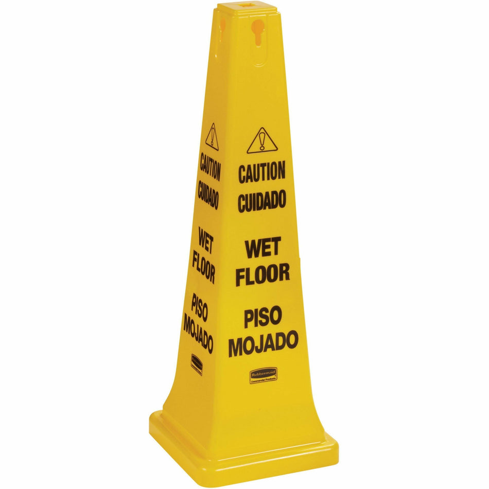 Rubbermaid Commercial 36" Safety Cone - 1 Each - Spanish, English - Caution, Wet Floor Print/Message - 12.2" Width x 36" Height x 12.2" Depth - Cone Shape - Stackable, Sturdy - Plastic - Bright Yellow