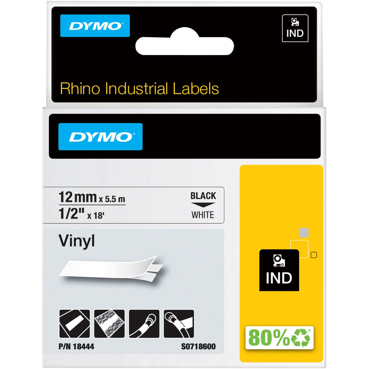 Dymo Rhino Industrial Vinyl Labels - 15/32" Width x 18 3/64 ft Length - Permanent Adhesive - Rectangle - Thermal Transfer - Black on White - Vinyl - Water Resistant - Chemical Resistant, Oil Resistant - 1 Each